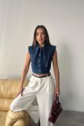 Mavi Yaka Detaylı Denim Crop resmi
